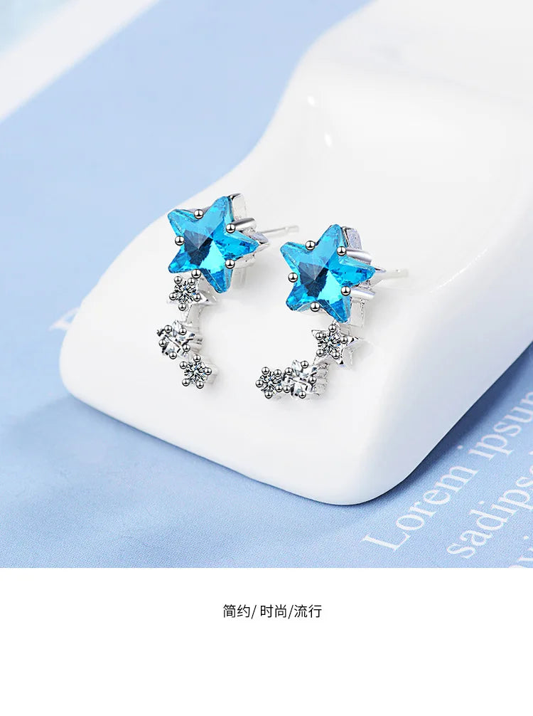 925 Sterling Silver Star Stud Earrings with Crystal - Women's Jewelry
