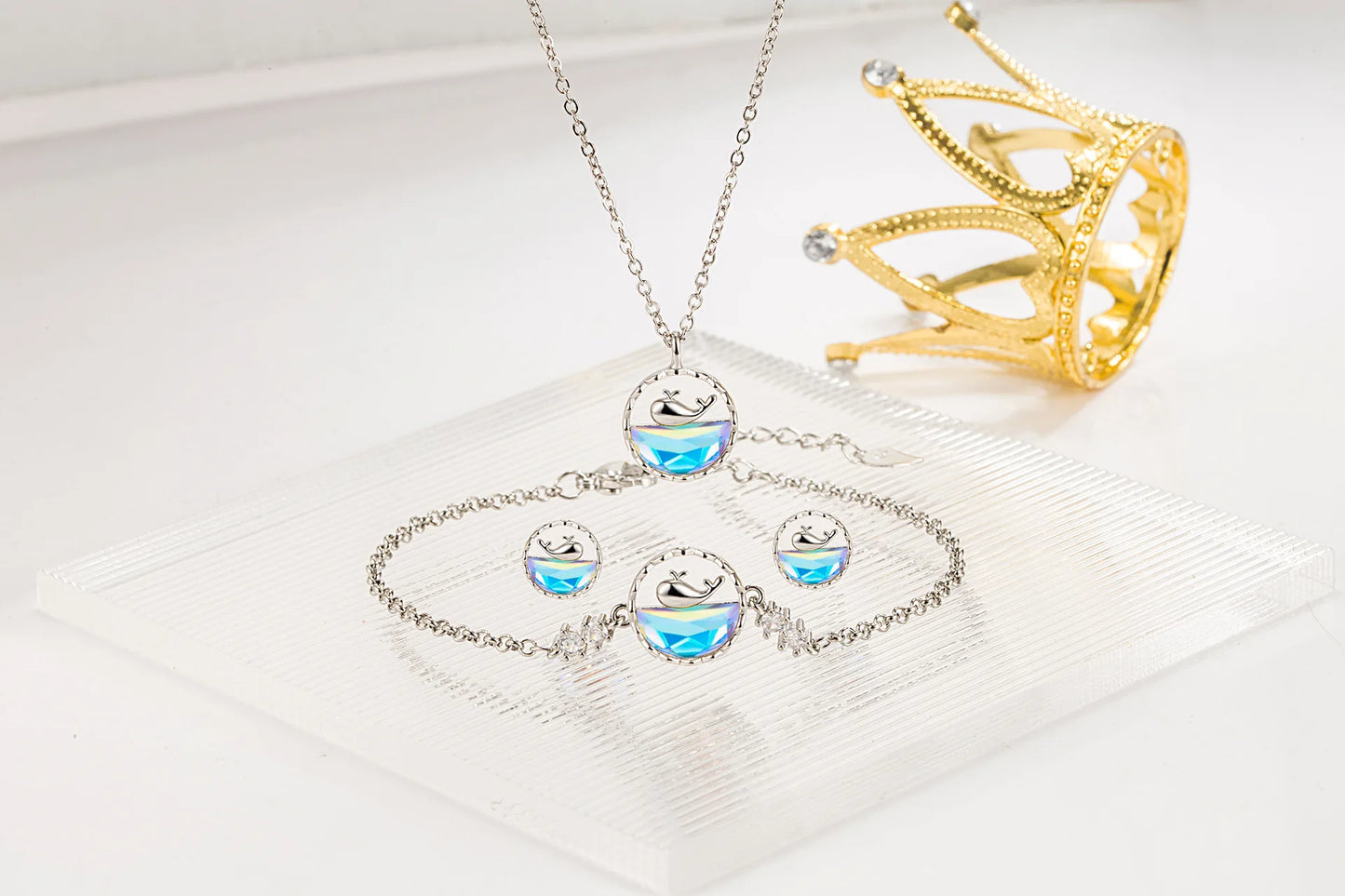 Silver whale jewelry set