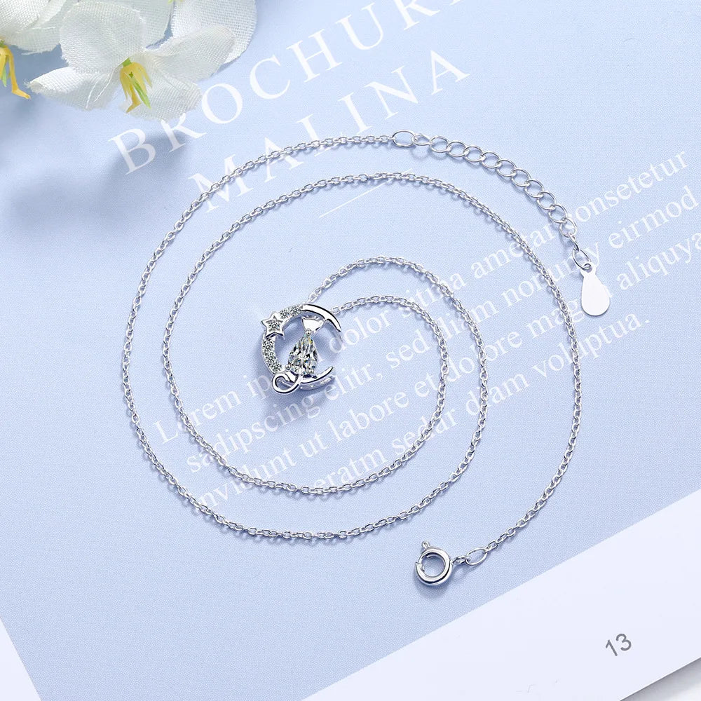 New in 925 Silver Cat Moon Zircon Women Necklace