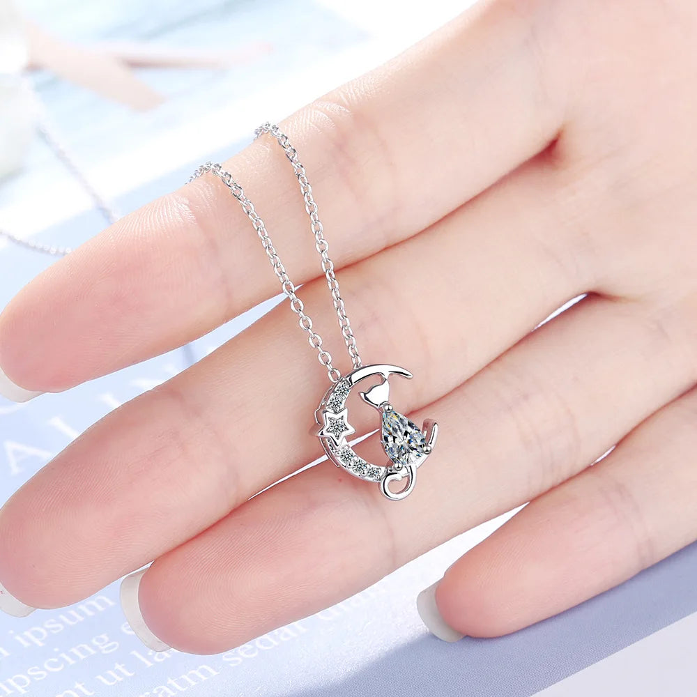New in 925 Silver Cat Moon Zircon Women Necklace