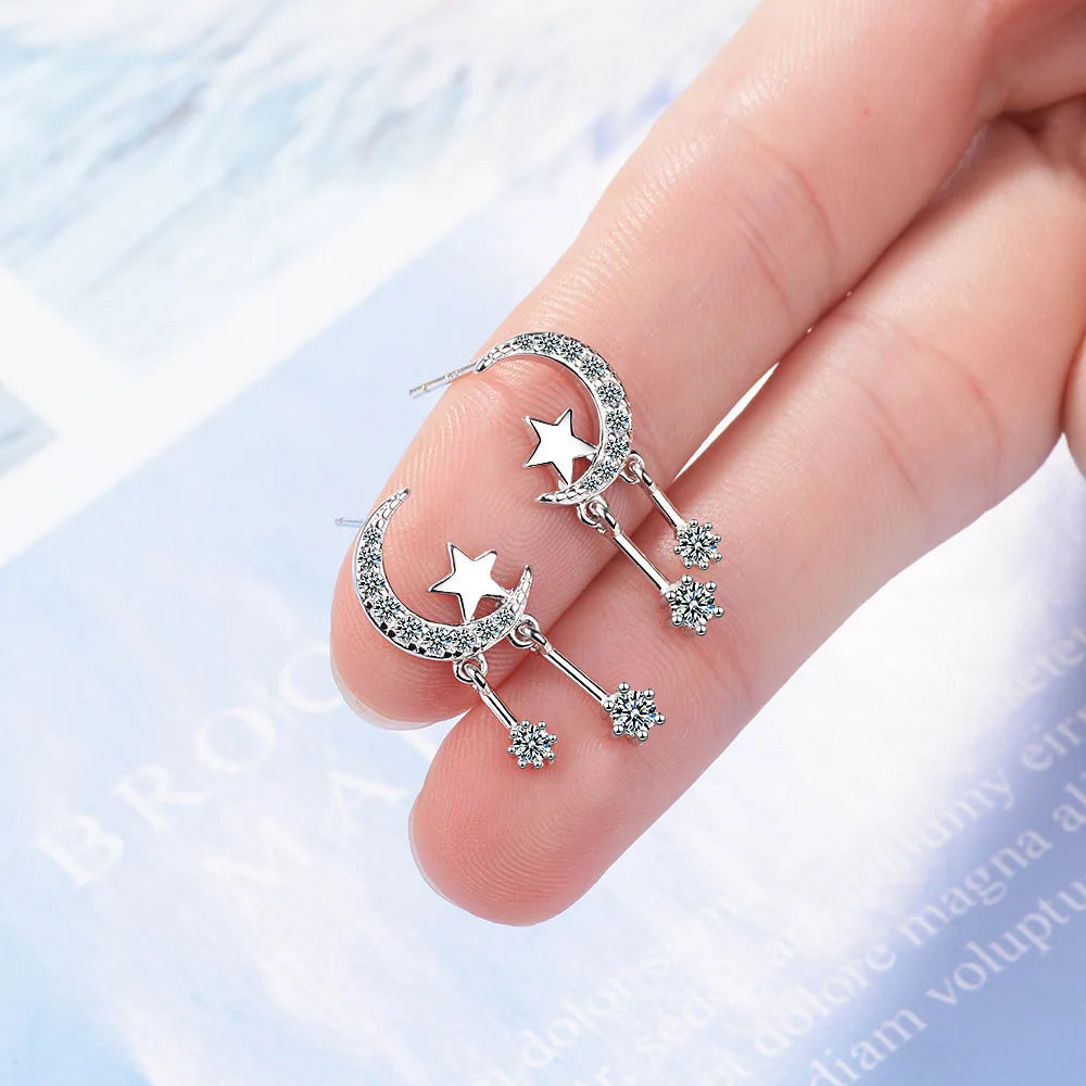 925 Sterling Silver Moon Star Stud Earrings with Zircon - Women's Jewelry