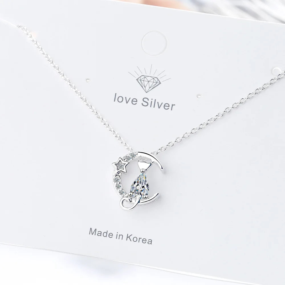 New in 925 Silver Cat Moon Zircon Women Necklace