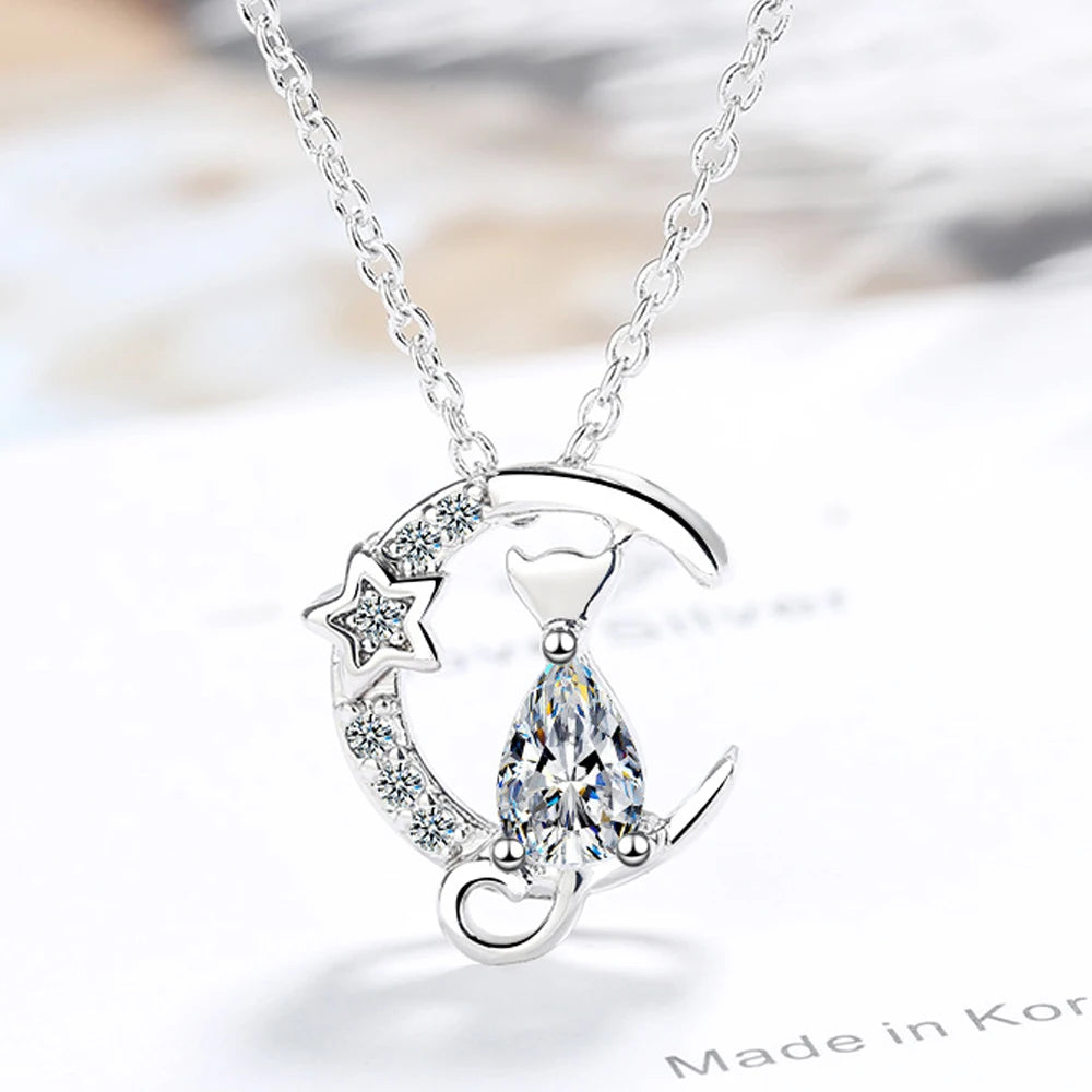 New in 925 Silver Cat Moon Zircon Women Necklace